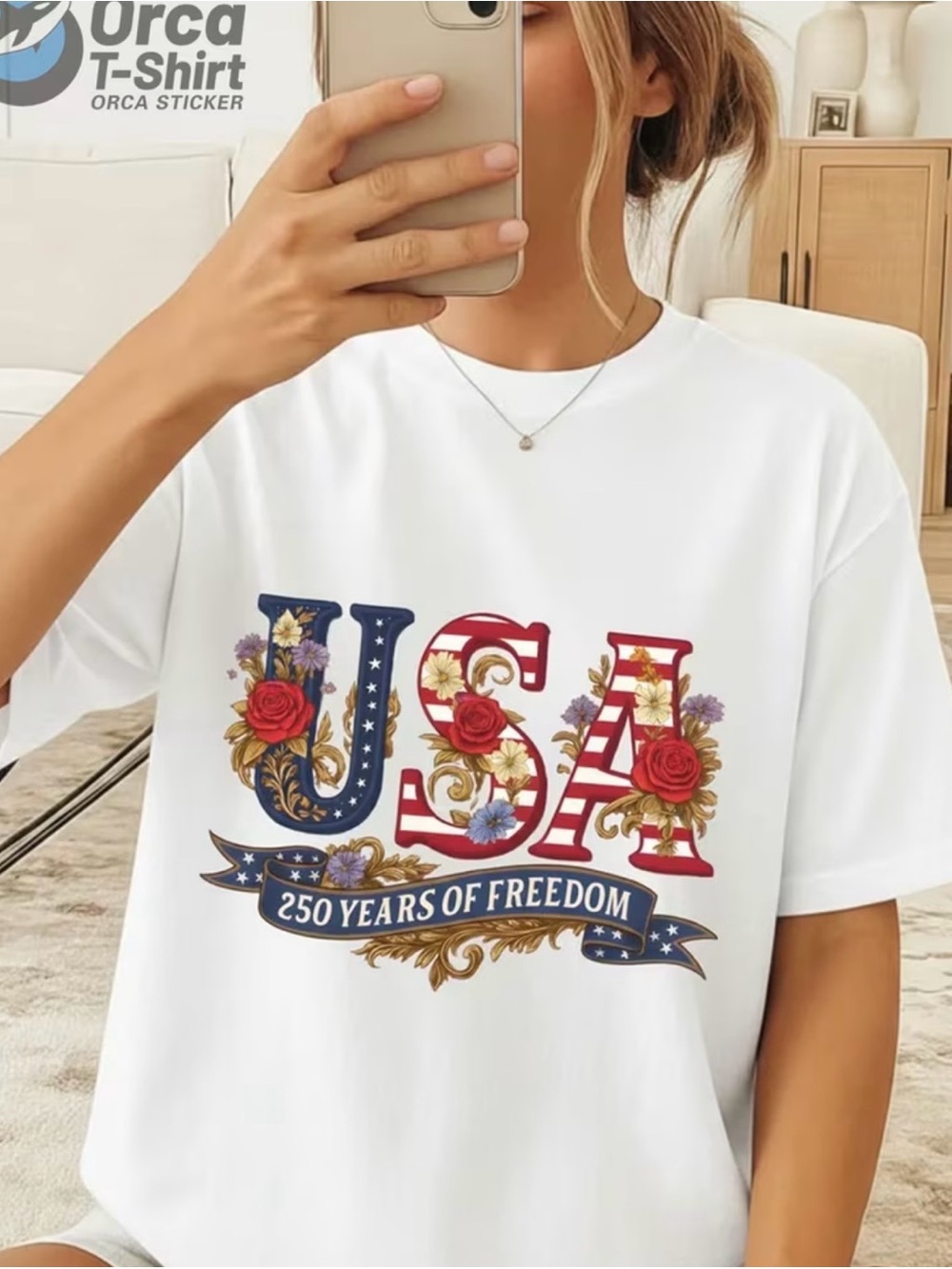 NWOT White Short Sleeve Tee with USA Floral Graphic, 100% Cotton, Size Large